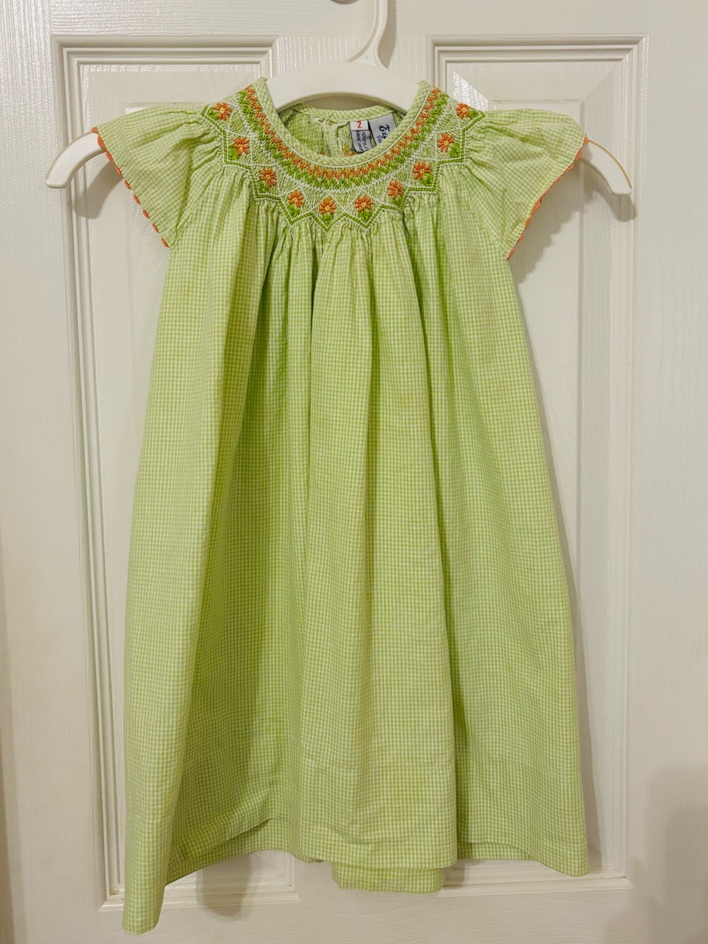 Orient Express Lime Green Gingham Dress with Orange Floral Smocking